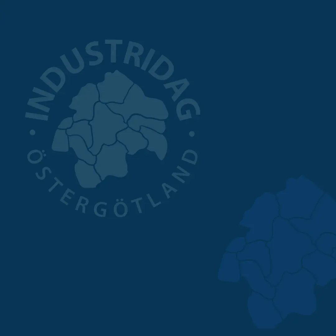 Industridag Östergötland – logotyp med karta över Östergötlands kommuner mot mörkblå bakgrund
